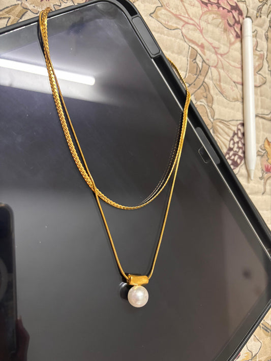 Golden Pearl Drop Chain Necklace
