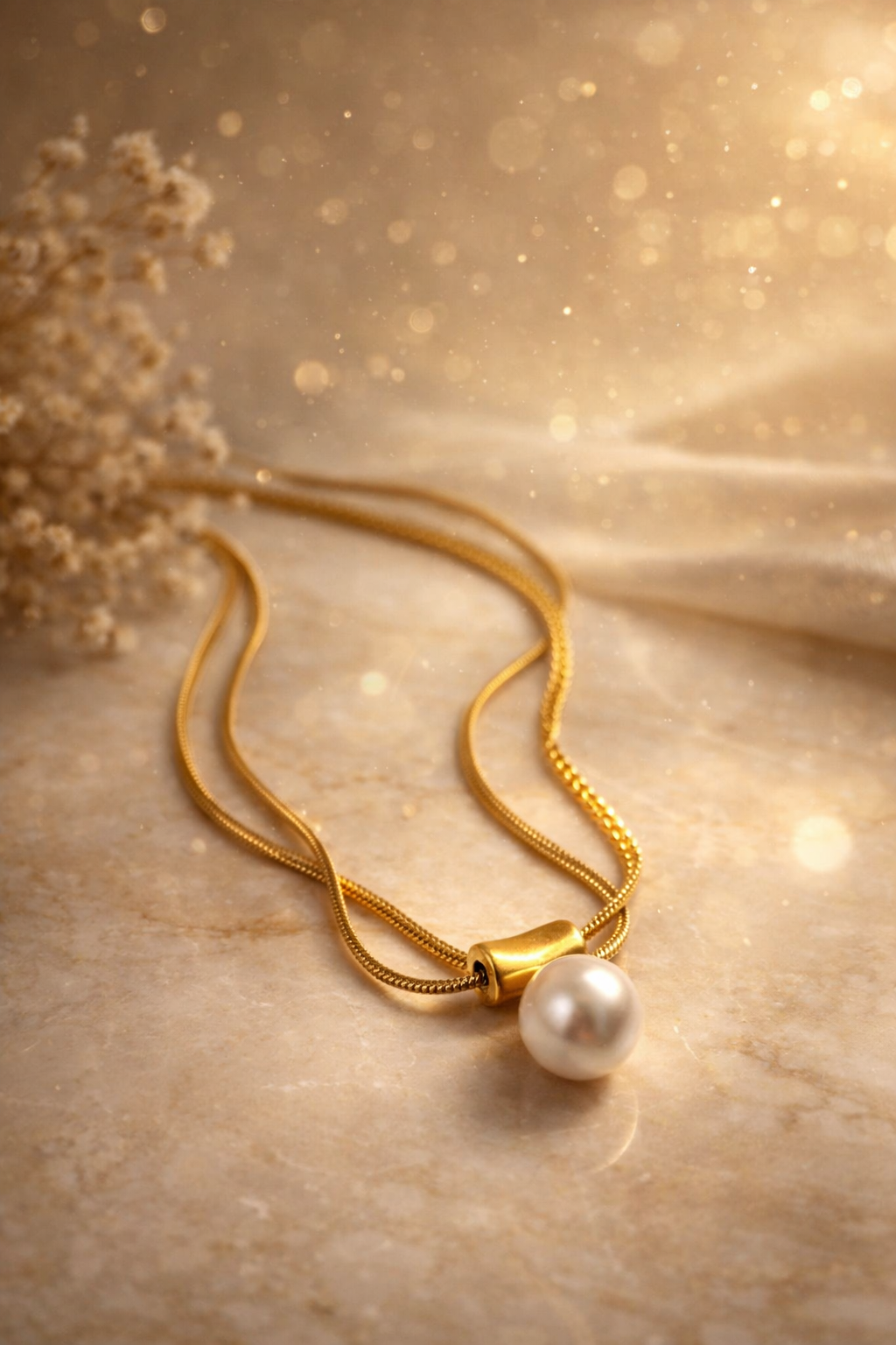 Golden Pearl Drop Chain Necklace