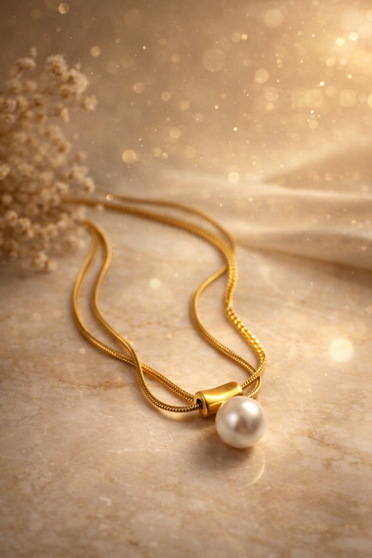 Golden Pearl Drop Chain Necklace